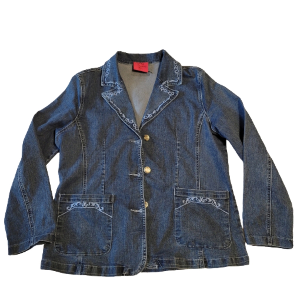 Carol's Denims women's size large blue jean jacket with embroidery trim